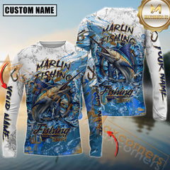 Maxcorners Marlin Fishing Ocean Splash Design Personalized Name, Team Name Long Sleeve Shirt