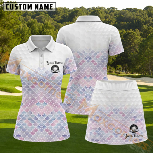 Maxcorners Pastel Mermaid Scale Ombre Personalized Name 3D Golf Shirt and Skirt