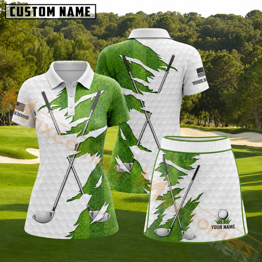 Maxcorners Green Grass Texture Golf Club Pattern Personalized Name 3D Golf Shirt and Skirt