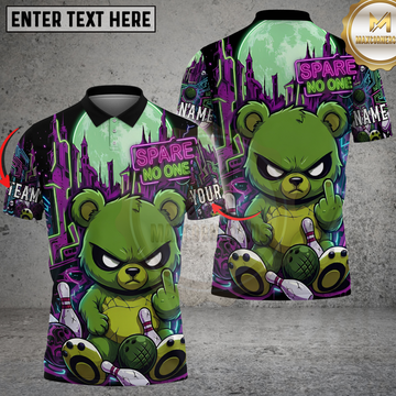 Maxcorners Bowling Spare No One Angry Bear Monster Green Purple Neon Cyber City Moon Multicolor Options Personalized Name, Team Name 3D Shirt .