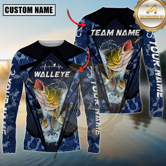 Maxcorners Fishing Heartbeat Jumping Fish Graphic Multicolor Options Personalized Name, Team Name 3D Long Sleeve Shirt (12 Fish Species)