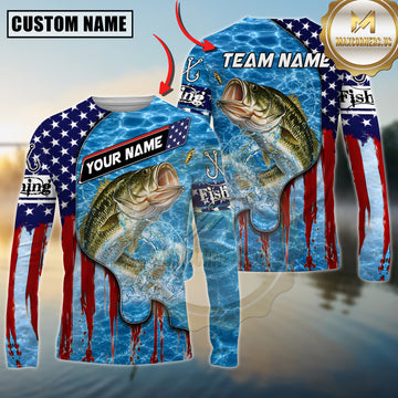 Maxcorners Fishing Patriotic Water Flag Graphic Multicolor Options Personalized Name, Team Name 3D Long Sleeve Shirt (12 Fish Species)