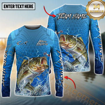 Maxcorners Fishing Electric Water Graphic Multicolor Options Personalized Name, Team Name 3D Long Sleeve Shirt (12 Fish Species)