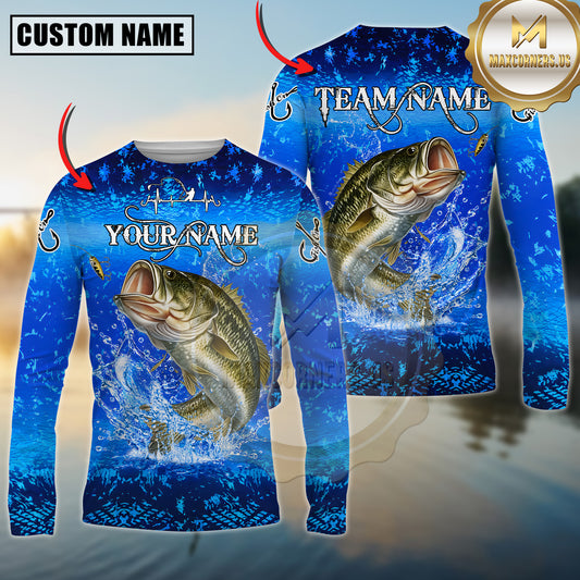 Maxcorners Fishing Ocean Splash Artwork Multicolor Options Personalized Name, Team Name 3D Long Sleeve Shirt (12 Fish Species)