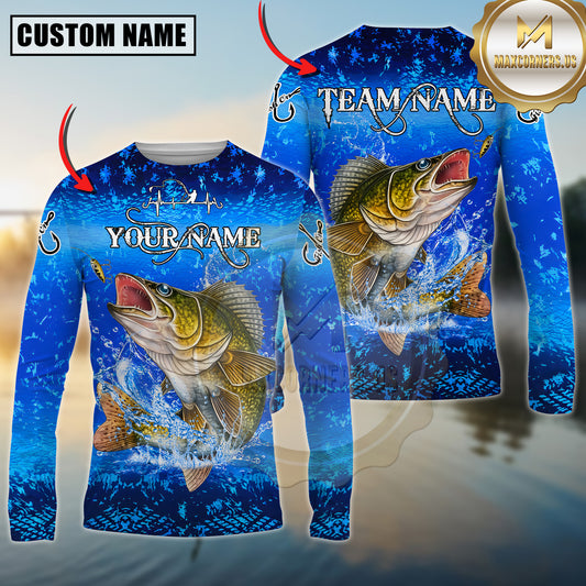 Maxcorners Fishing Ocean Splash Artwork Multicolor Options Personalized Name, Team Name 3D Long Sleeve Shirt (12 Fish Species)