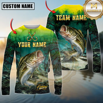 Maxcorners Fishing Swamp Nature Scene Multicolor Options Personalized Name, Team Name 3D Long Sleeve Shirt (12 Fish Species)