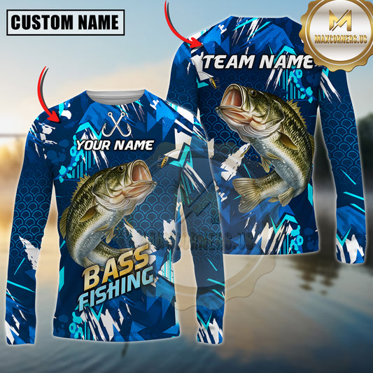 Maxcorners Fishing Abstract Blue Graphic Multicolor Options Personalized Name, Team Name 3D Long Sleeve Shirt (12 Fish Species)