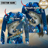 Maxcorners Fishing Abstract Blue Graphic Multicolor Options Personalized Name, Team Name 3D Long Sleeve Shirt (12 Fish Species)