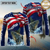 Maxcorners Fishing American Flag Graphic Multicolor Options Personalized Name, Team Name 3D Long Sleeve Shirt (12 Fish Species)