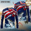 Maxcorners Fishing American Flag Graphic Multicolor Options Personalized Name, Team Name 3D Long Sleeve Shirt (12 Fish Species)