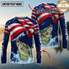 Maxcorners Fishing American Flag Graphic Multicolor Options Personalized Name, Team Name 3D Long Sleeve Shirt (12 Fish Species)