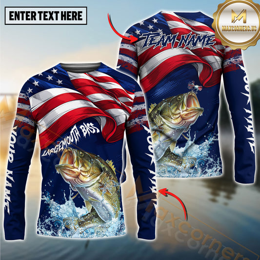 Maxcorners Fishing American Flag Graphic Multicolor Options Personalized Name, Team Name 3D Long Sleeve Shirt (12 Fish Species)