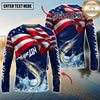 Maxcorners Fishing American Flag Graphic Multicolor Options Personalized Name, Team Name 3D Long Sleeve Shirt (12 Fish Species)