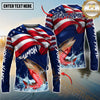 Maxcorners Fishing American Flag Graphic Multicolor Options Personalized Name, Team Name 3D Long Sleeve Shirt (12 Fish Species)