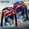 Maxcorners Fishing American Flag Graphic Multicolor Options Personalized Name, Team Name 3D Long Sleeve Shirt (12 Fish Species)