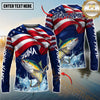 Maxcorners Fishing American Flag Graphic Multicolor Options Personalized Name, Team Name 3D Long Sleeve Shirt (12 Fish Species)