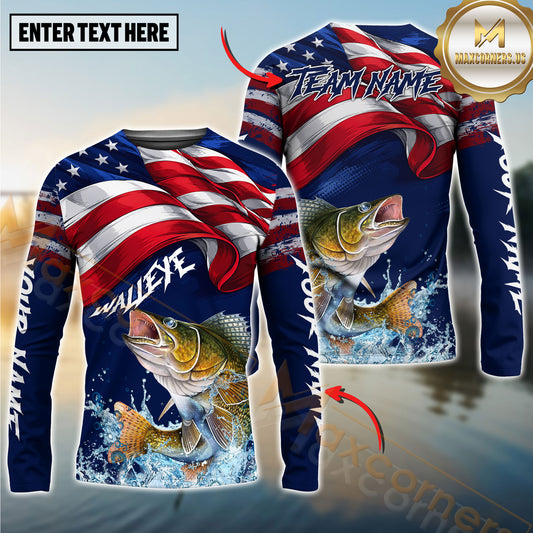 Maxcorners Fishing American Flag Graphic Multicolor Options Personalized Name, Team Name 3D Long Sleeve Shirt (12 Fish Species)