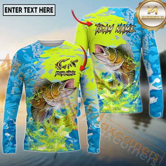 Maxcorners Fishing Neon Camo Splash Multicolor Options Personalized Name, Team Name 3D Long Sleeve Shirt (12 Fish Species)