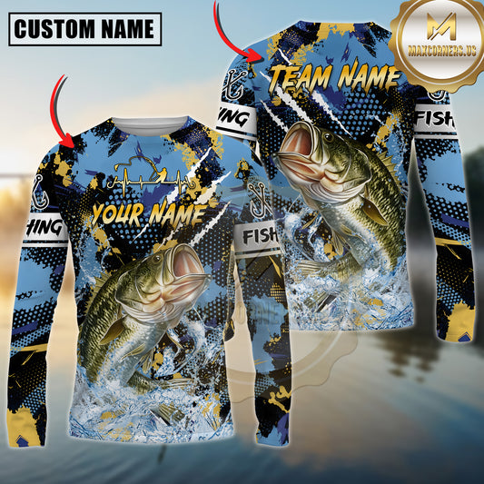 Maxcorners Fishing Graffiti Splash Artwork Multicolor Options Personalized Name, Team Name 3D Long Sleeve Shirt (12 Fish Species)
