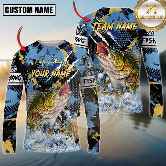 Maxcorners Fishing Graffiti Splash Artwork Multicolor Options Personalized Name, Team Name 3D Long Sleeve Shirt (12 Fish Species)