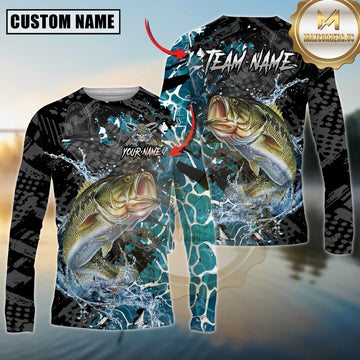 Maxcorners Fishing Black Aqua Graphic Multicolor Options Personalized Name, Team Name 3D Long Sleeve Shirt (12 Fish Species)