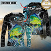 Maxcorners Fishing Black Aqua Graphic Multicolor Options Personalized Name, Team Name 3D Long Sleeve Shirt (12 Fish Species)