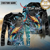 Maxcorners Fishing Black Aqua Graphic Multicolor Options Personalized Name, Team Name 3D Long Sleeve Shirt (12 Fish Species)