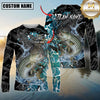 Maxcorners Fishing Black Aqua Graphic Multicolor Options Personalized Name, Team Name 3D Long Sleeve Shirt (12 Fish Species)