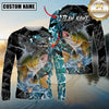Maxcorners Fishing Black Aqua Graphic Multicolor Options Personalized Name, Team Name 3D Long Sleeve Shirt (12 Fish Species)