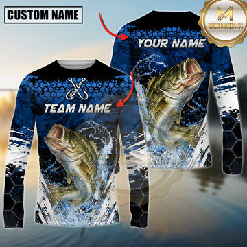 Maxcorners Fishing Blue Splash Camo Multicolor Options Personalized Name, Team Name 3D Long Sleeve Shirt (12 Fish Species)