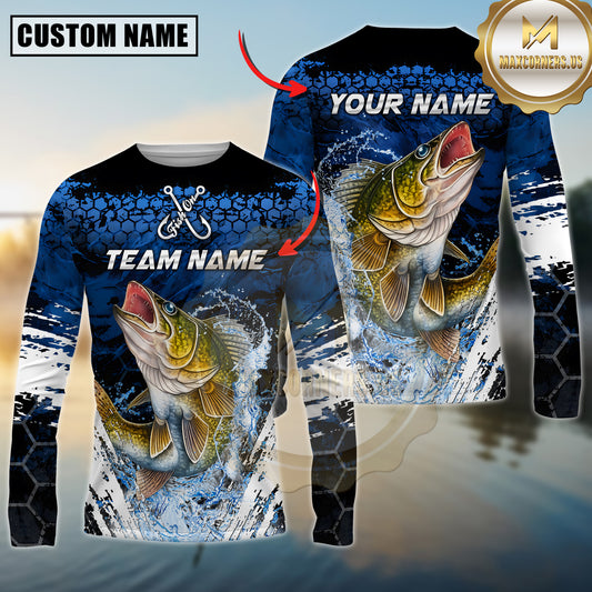 Maxcorners Fishing Blue Splash Camo Multicolor Options Personalized Name, Team Name 3D Long Sleeve Shirt (12 Fish Species)