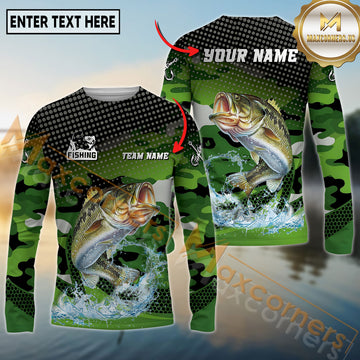 Maxcorners Fishing Green Camo Splash Multicolor Options Personalized Name, Team Name 3D Long Sleeve Shirt (12 Fish Species)
