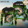 Maxcorners Fishing Green Camo Splash Multicolor Options Personalized Name, Team Name 3D Long Sleeve Shirt (12 Fish Species)