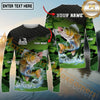 Maxcorners Fishing Green Camo Splash Multicolor Options Personalized Name, Team Name 3D Long Sleeve Shirt (12 Fish Species)