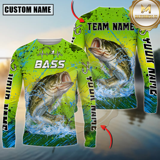 Maxcorners Fishing Neon Splash Artwork Multicolor Options Personalized Name, Team Name 3D Long Sleeve Shirt (12 Fish Species)