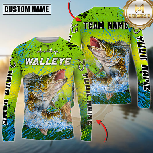 Maxcorners Fishing Neon Splash Artwork Multicolor Options Personalized Name, Team Name 3D Long Sleeve Shirt (12 Fish Species)
