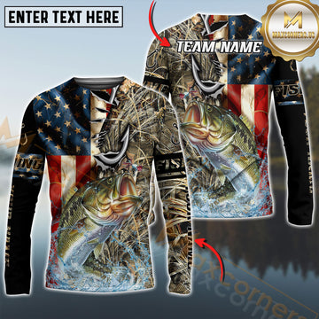 Maxcorners Fishing American Flag Camo Multicolor Options Personalized Name, Team Name 3D Long Sleeve Shirt (12 Fish Species)
