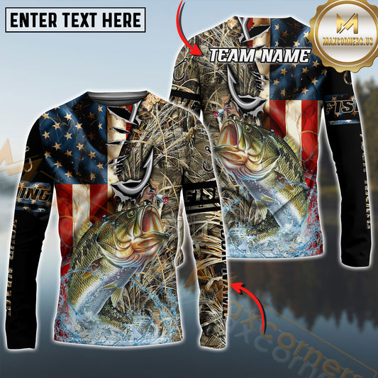Maxcorners Fishing American Flag Camo Multicolor Options Personalized Name, Team Name 3D Long Sleeve Shirt (12 Fish Species)