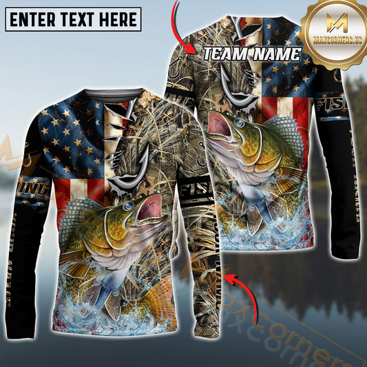 Maxcorners Fishing American Flag Camo Multicolor Options Personalized Name, Team Name 3D Long Sleeve Shirt (12 Fish Species)