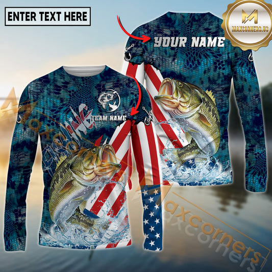 Maxcorners Fishing American Flag Performance Multicolor Options Personalized Name, Team Name 3D Long Sleeve Shirt (12 Fish Species)