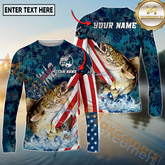 Maxcorners Fishing American Flag Performance Multicolor Options Personalized Name, Team Name 3D Long Sleeve Shirt (12 Fish Species)
