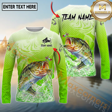 Maxcorners Fishing Green Scale Pattern Multicolor Options Personalized Name, Team Name 3D Long Sleeve Shirt (12 Fish Species)