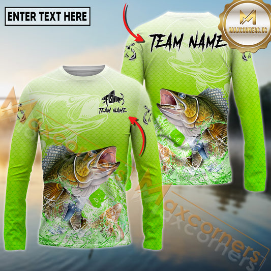 Maxcorners Fishing Green Scale Pattern Multicolor Options Personalized Name, Team Name 3D Long Sleeve Shirt (12 Fish Species)