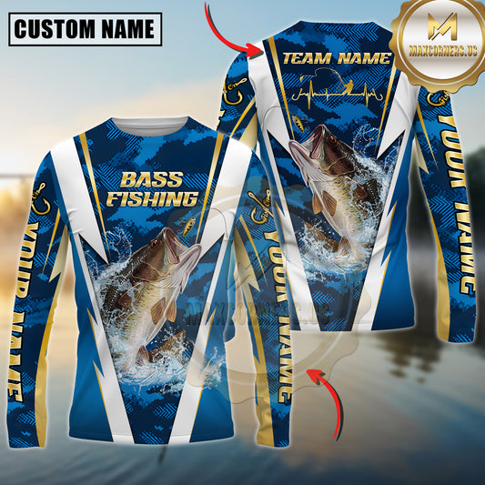 Maxcorners Fishing Blue Camo Performance Multicolor Options Personalized Name, Team Name 3D Long Sleeve Shirt (12 Fish Species)