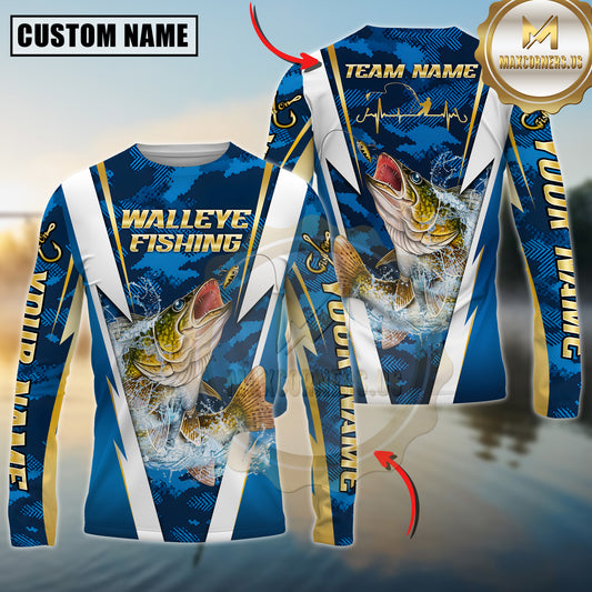 Maxcorners Fishing Blue Camo Performance Multicolor Options Personalized Name, Team Name 3D Long Sleeve Shirt (12 Fish Species)