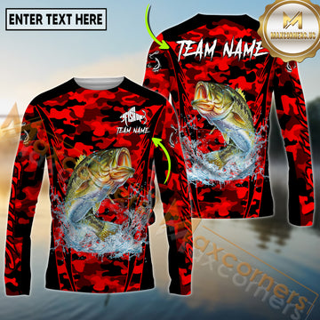 Maxcorners Fishing Red Camouflage Graphic Multicolor Options Personalized Name, Team Name 3D Long Sleeve Shirt (12 Fish Species)