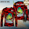 Maxcorners Fishing Red Camouflage Graphic Multicolor Options Personalized Name, Team Name 3D Long Sleeve Shirt (12 Fish Species)
