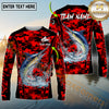 Maxcorners Fishing Red Camouflage Graphic Multicolor Options Personalized Name, Team Name 3D Long Sleeve Shirt (12 Fish Species)