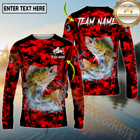 Maxcorners Fishing Red Camouflage Graphic Multicolor Options Personalized Name, Team Name 3D Long Sleeve Shirt (12 Fish Species)