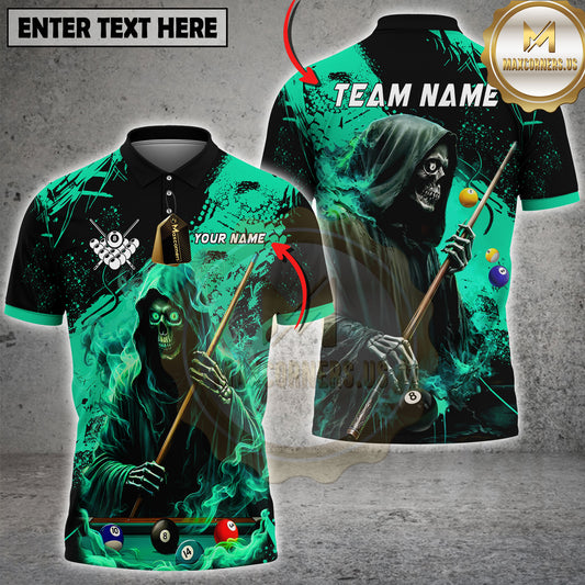 Maxcorners Billiards Pool Grim Reaper Skeleton Multicolor Options Personalized Name, Team Name 3D Shirt (4 Colors)